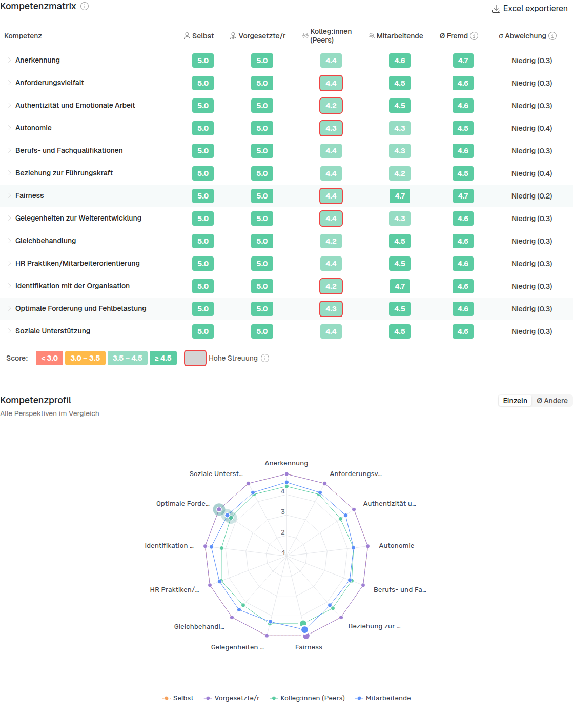 Kompetenzmatrix mit Ringen und den Spalten Ø Fremd / σ Abweichung