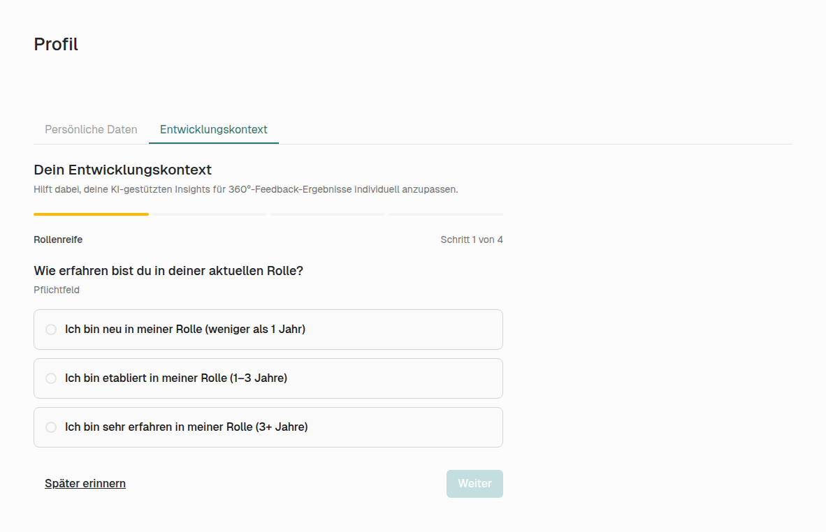 Schritt 1 des Entwicklungskontext-Wizards – Rollenreife