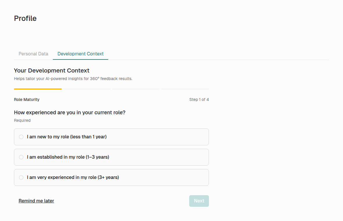 Step 1 of the Development Context wizard – Role Maturity