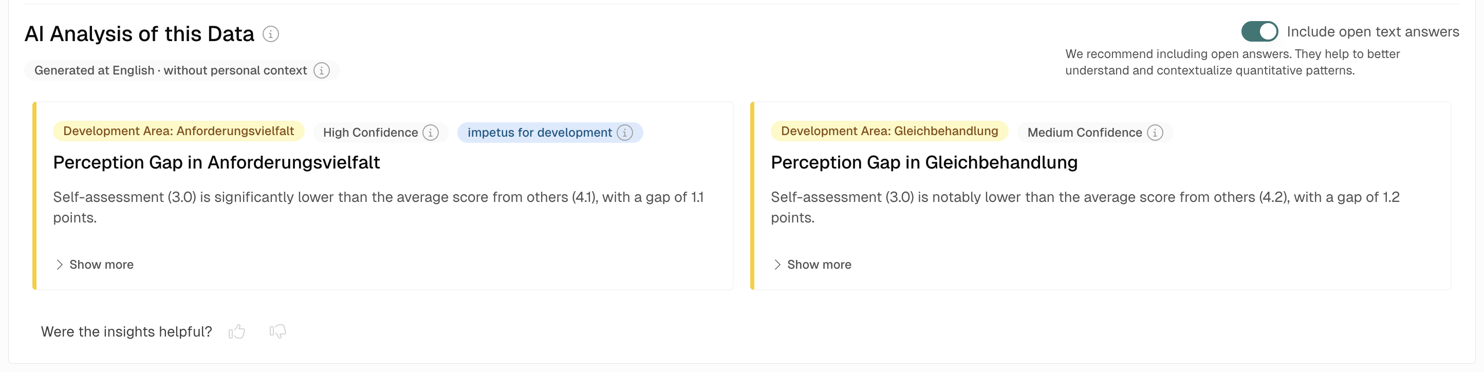 AI Analysis cards showing insight type, confidence badge and the *impetus for development* flag