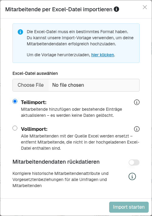 Import-Dialog mit Dateiauswahl, Teil-/Vollimport-Optionen und dem Abschnitt „Mitarbeitendendaten rückdatieren" darunter