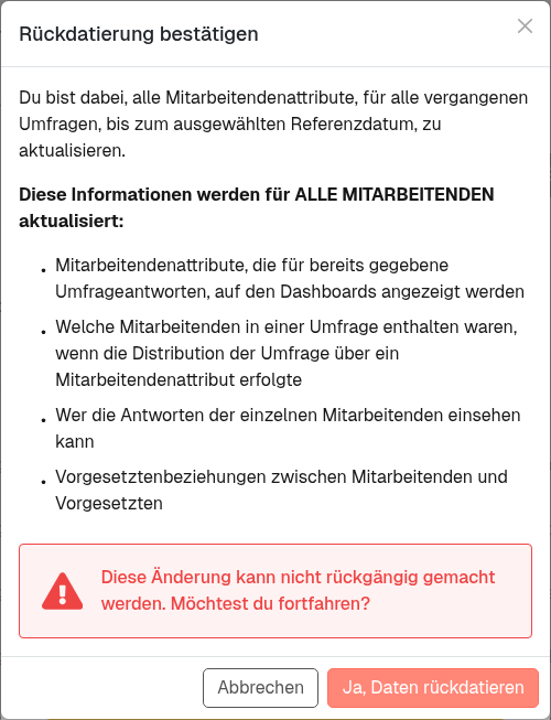 Dialog „Rückdatierung bestätigen" mit Vier-Punkte-Liste und rotem Hinweis „Diese Änderung kann nicht rückgängig gemacht werden"
