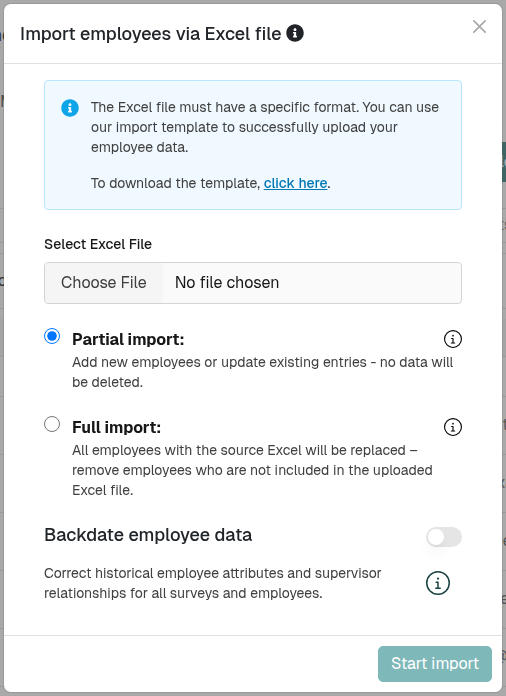 Import Employees modal showing the file picker, Partial and Full Import options, and the Backdate employee data section underneath