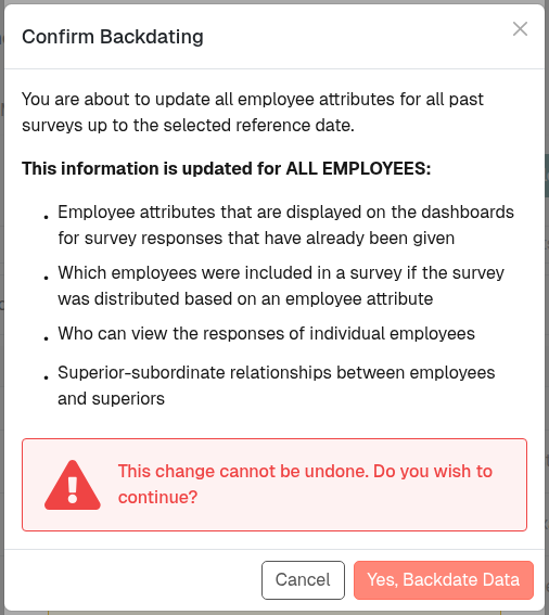 Confirm Backdating dialog with the four-item list and the red "This change cannot be undone" warning at the bottom
