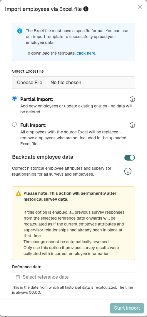 Backdate employee data section expanded — toggle on, yellow warning box visible, Reference date input ready