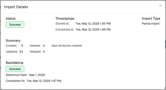 Import Details modal with the Backdating section showing Success, Reference Date and Completed At